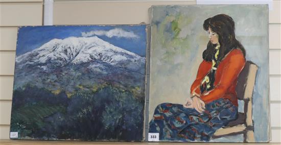 Rmizuno (Japanese School), 2 oils on canvas, View of a snowcapped mountain and Portrait of a seated woman,